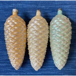 3 Vintage Glass Glitter Italy Pinecone Christmas Tree Ornament Lot 5.5" XMas 42B